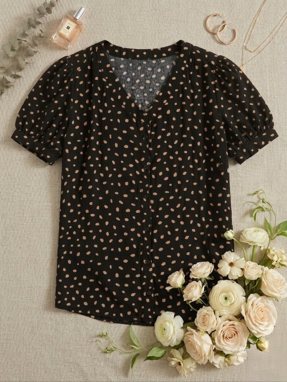 Warehouse One Black Button-Front V-Neck Polka Dot Blouse
